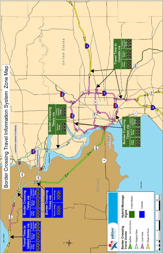 Image of NITTEC's border crossing travel information system zone map.