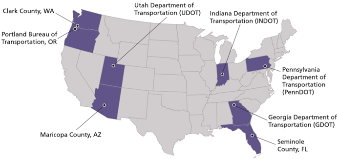 Map of the United States with participating agency states highlighted