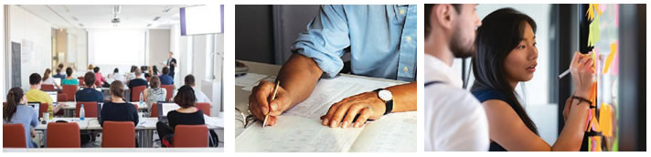 Three images, 1 - classroom setting, 2) man working with pencil on paper, 3) two people at board