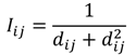 An equation for the impedance factor between two counties. The impedance is equal to 1 over the sum of the great circle distance between the counties plus the great circle distance squared.