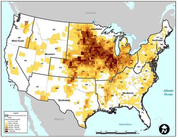 A map that shows the production of shelled corn at the county-level. The highest rates are in Nebraska, Iowa, Illinois, and Minnesota, with some counties in that area producing over 1 million tons of shelled corn.