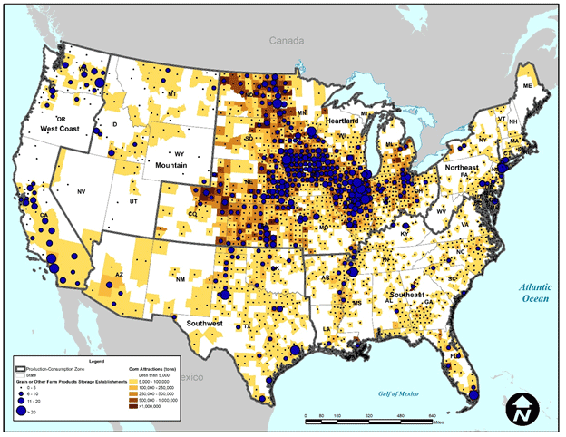 A nationwide map that depicts the attraction of shelled corn at the county-level. The highest values are in Nebraska, Iowa, Illinois, and Minnesota.