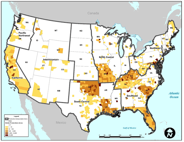 A nationwide map that depicts the production of broilers at the county-level. The highest broiler production rates are those in  South Carolina, Florida, and Louisiana.