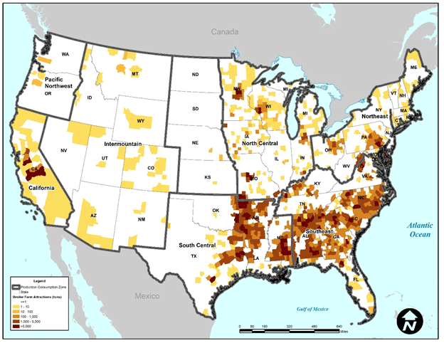 A nationwide map that depicts the attraction of broilers (hatchery to farm) at the county-level.