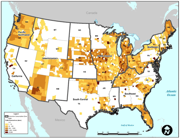 A map that depicts the production of pullets at the county-level.