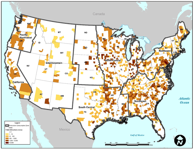 A nationwide map that depicts the attraction of pullets at the county-level. The highest pullet attraction rates are generally in the Eastern half of the United States.