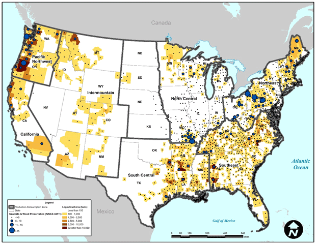 A nationwide map that depicts the attraction of logs at the county-level. The highest log attraction rates are in the Pacific Northwest, Southeast, and Northeast.