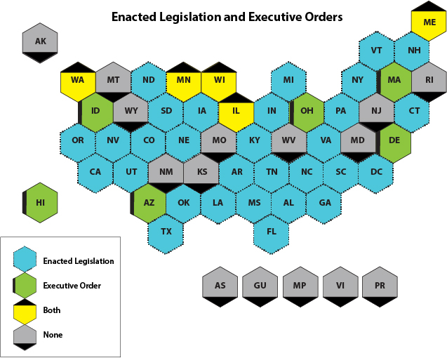 Map shows States highlighted in blue, green, yellow, and gray.