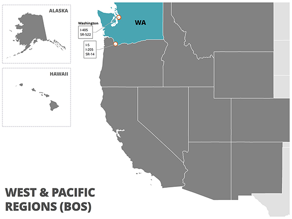 A map of the Western Region of the United States.  Washington is highlighted in blue.