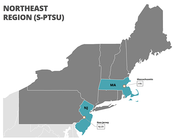 A map of the Northeast Region of the United States with New Jersey and Massachusetts highlighted in blue.