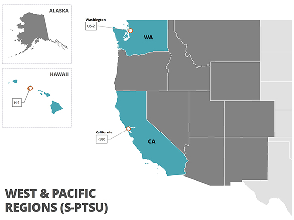 A map of the Western Region of the United States, with California and Washington highlighted.