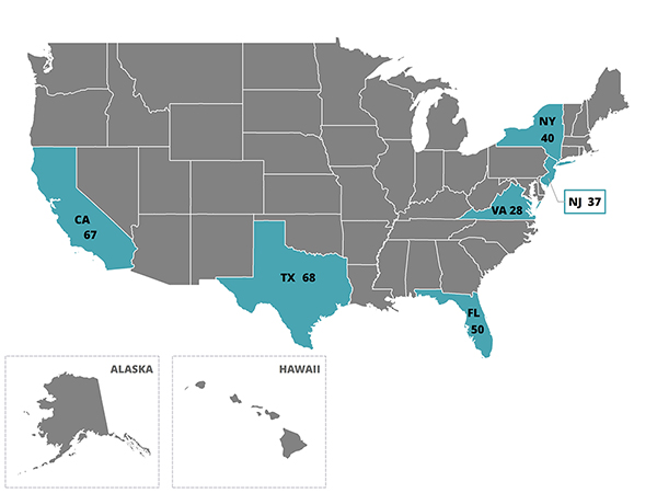 The 50 United States with select states highlighted in blue.