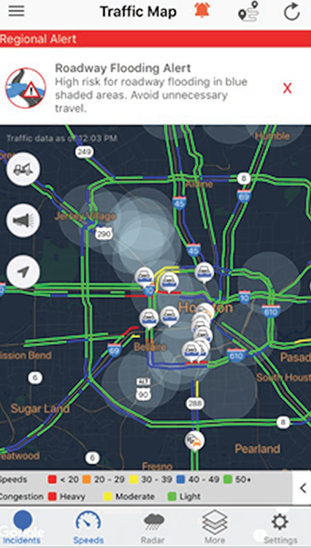 Figure 3. Example of the Houston TranStar traveler information map on a mobile phone screen with the special blue shading around affected flood sensors displaying.