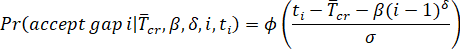 In this equation, the probability of accepting gap i in the sequence of gaps (Pr (open parenthesis) accept gap i vertical bar T bar subscript cr, beta, delta,...