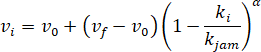 The speed on link i (v subscript i) equals the minimum speed on link i (v subscript 0) plus (open parenthesis) the speed intercept (v subscript f)...