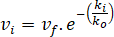 The speed on link i (v subscript i) equals the speed intercept (v subscript f) times the exponential of the negative of the density on link i (k subscript i) divided by the optimal density (k subscript o).