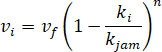 The speed on link i (v subscript i) equals the speed intercept (v subscript f) times (open parenthesis) 1 minus the density on link i (k subscript i) ...