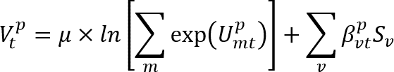 The time-of-day choice utility for trip purpose p at time of day period t (V superscript p subscript t) equals a model parameter...