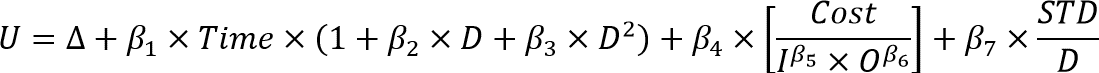 The highway utility equals an alternative-specific constant for tolled facilities (delta) plus a model parameter (beta subscript 1) ...