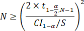 The number of simulation run (N) is greater than or equal to (open parenthesis) 2 times the t-student critical value for a desired level of confidence ...