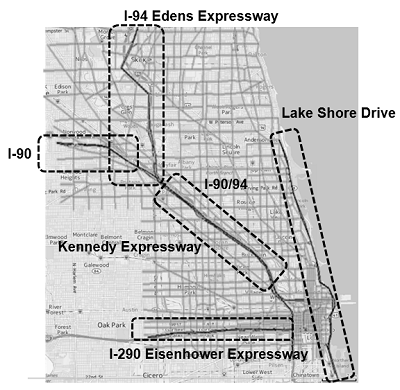 This is a map of the Chicago area with five areas surrounded with dotted rectangles...