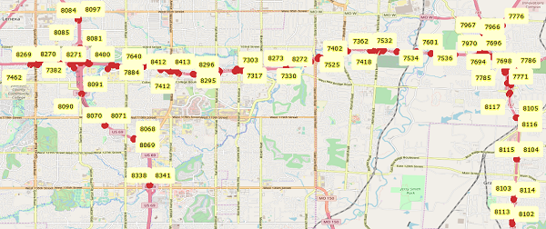 Locations of traffic detectors used in the traffic flow model calibration are shown on a map of the study area.