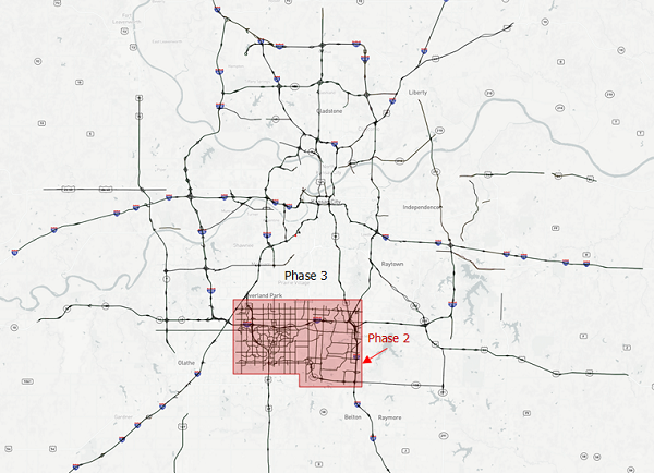 This map shows the major Interstates and State highways around Kansas City.