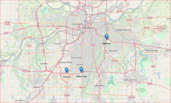 This map shows the greater Kansas City area with major highways drawn in red and three detector locations indicated by blue pointers