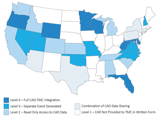 A map of the U.S. showing the current status of Computer-Aided Dispatch data sharing by state.