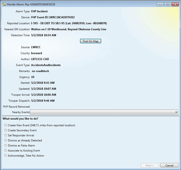 An example alert for Florida DOT TMC operators. Information in the alert includes: type, device, reported location, nearest emergency medical location, detection time, source, county, and urgency level.