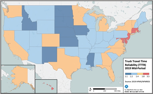 U.S. map of travel time reliability by state in 2019 showing the Maryland, Delaware, New Jersey, Connecticut, and Massachusetts having the worst TTTR in the nation.