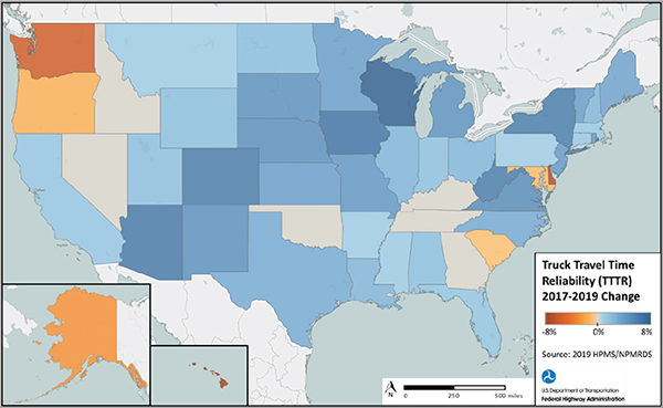 U.S. map of travel time reliability by state in 2019 showing the Maryland, Delaware, New Jersey, Connecticut, and Massachusetts having the worst TTTR in the nation.