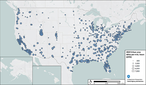 U.S. map of travel time reliability by state in 2019 showing the Maryland, Delaware, New Jersey, Connecticut, and Massachusetts having the worst TTTR in the nation.