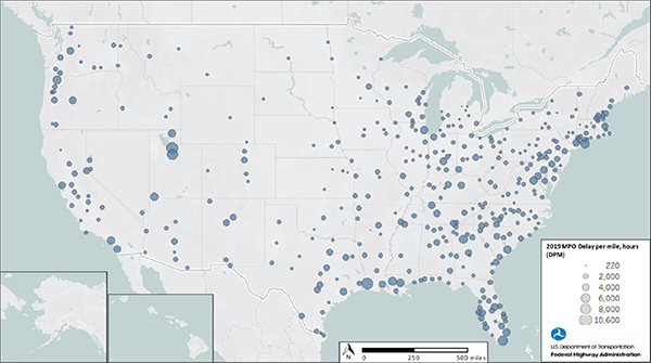 This is a map showing delay per mile for metropolitan planning areas for 2019. The larger the circle the more delay per mile.