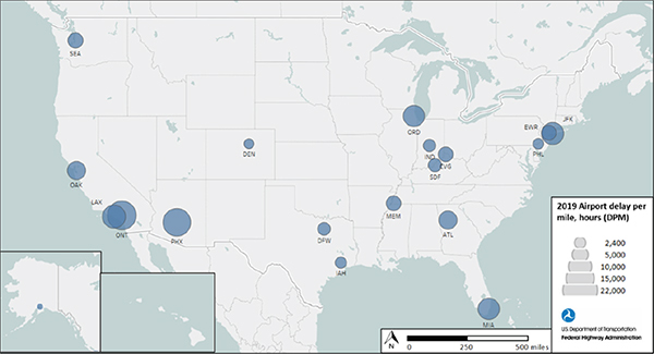 Airport area delay per mile in 2019. U.S. map of delay per mile for airports in 2019 showing access was worst in Phoenix, Ontario, Newark, and Los Angeles.