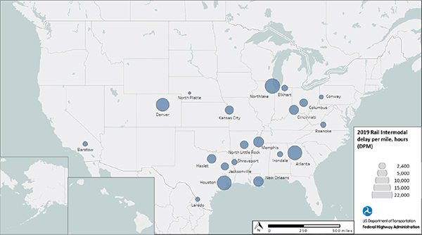 U.S. map of delay per mile for rail intermodal areas in 2019 showing access was worst in Georgia and Illinois.