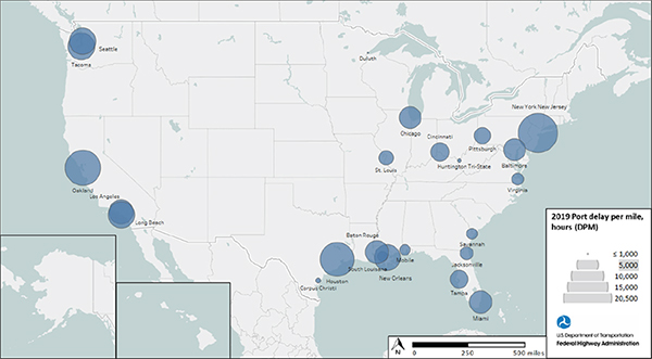 U.S. map of delay per mile for ports in 2019 showing access was worst in San Francisco, New York/Newark, and Houston.