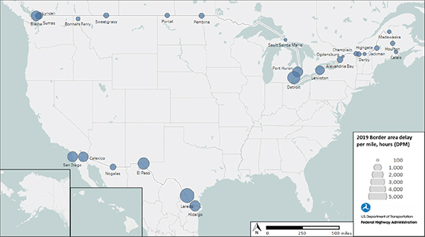 U.S. map of delay per mile for border areas in 2019 showing access was worst in Texas, California, and Michigan border crossings.