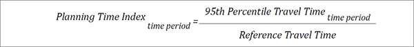 Planning time index (for a time period) equals the 95th percentile travel time (for a time period) divided by the reference travel time.