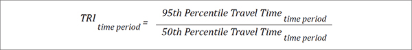 Truck reliability index (for a time period) equals the 95th percentile travel time (for a time period) divided by the 50th percentile travel time (for a time period).