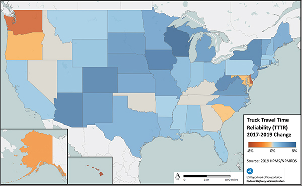 U.S map of state TTTR change between 2017 and 2019 showing most states improved except Hawaii, Delaware, Washington, Alaska, Oregon, Maryland, and South Carolina, with all other states being neutral or improving.