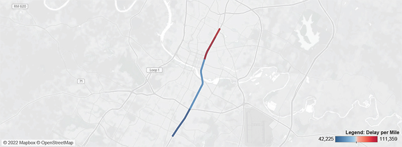 Map of I-35 in Austin from Airport Boulevard to Stassney Lane.