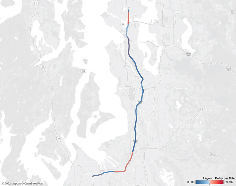 Map of I-5 in Seattle from I-90 to 85th Street and SR-18 to Port of Tacoma Road.