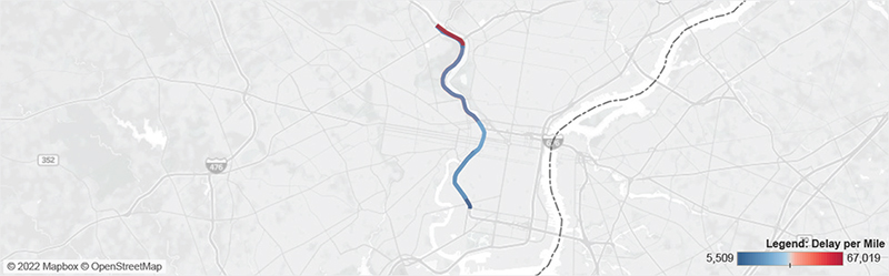 Map of I-75 in Philadelphia from University Avenue to US-1.