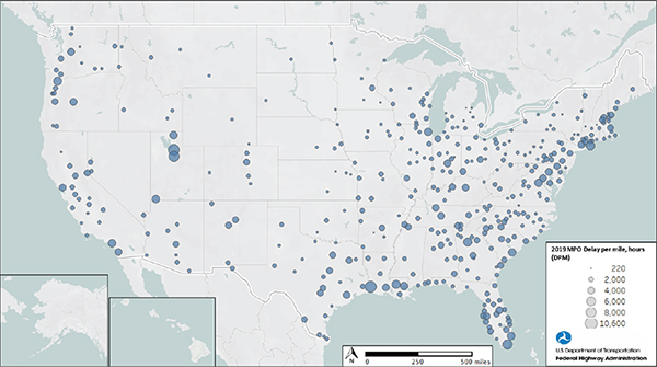 This map shows delay per mile for Metropolitan Planning Organization areas.  The bigger the circle, the larger the delay per mile.