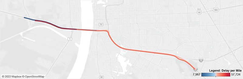 Map of I-10 in Baton Rouge from I-110 to SR-1.