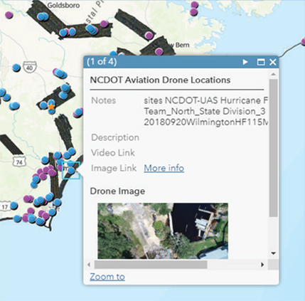 A map is shown of the Wilmington, North Carolina area with details about unmanned aerial systems (UAS) missions indicated by dots over certain areas...