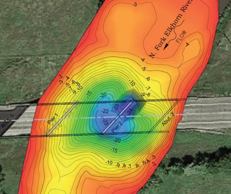 Hydrographic survey shows two piers and two bridge abutments with the water level measured in feet using bands of color to represent different depths...