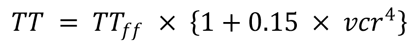 The predicted travel time on the link is equal to the travel time at the free-flow speed multiplied by 1 + 0.15 multiplied by the volume-to-capacity ratio to the fourth power.