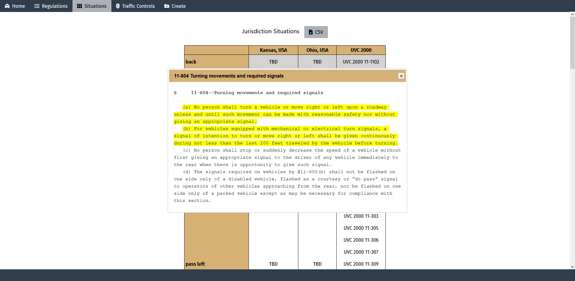 Screen capture of an automated driving systems regulations network page depicting an overlay of the text of the selected regulation (instruction).